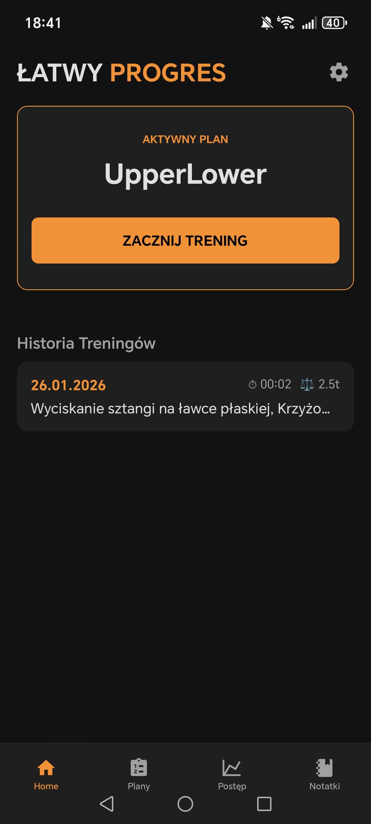 Ekran główny EZPRO z planem treningowym
